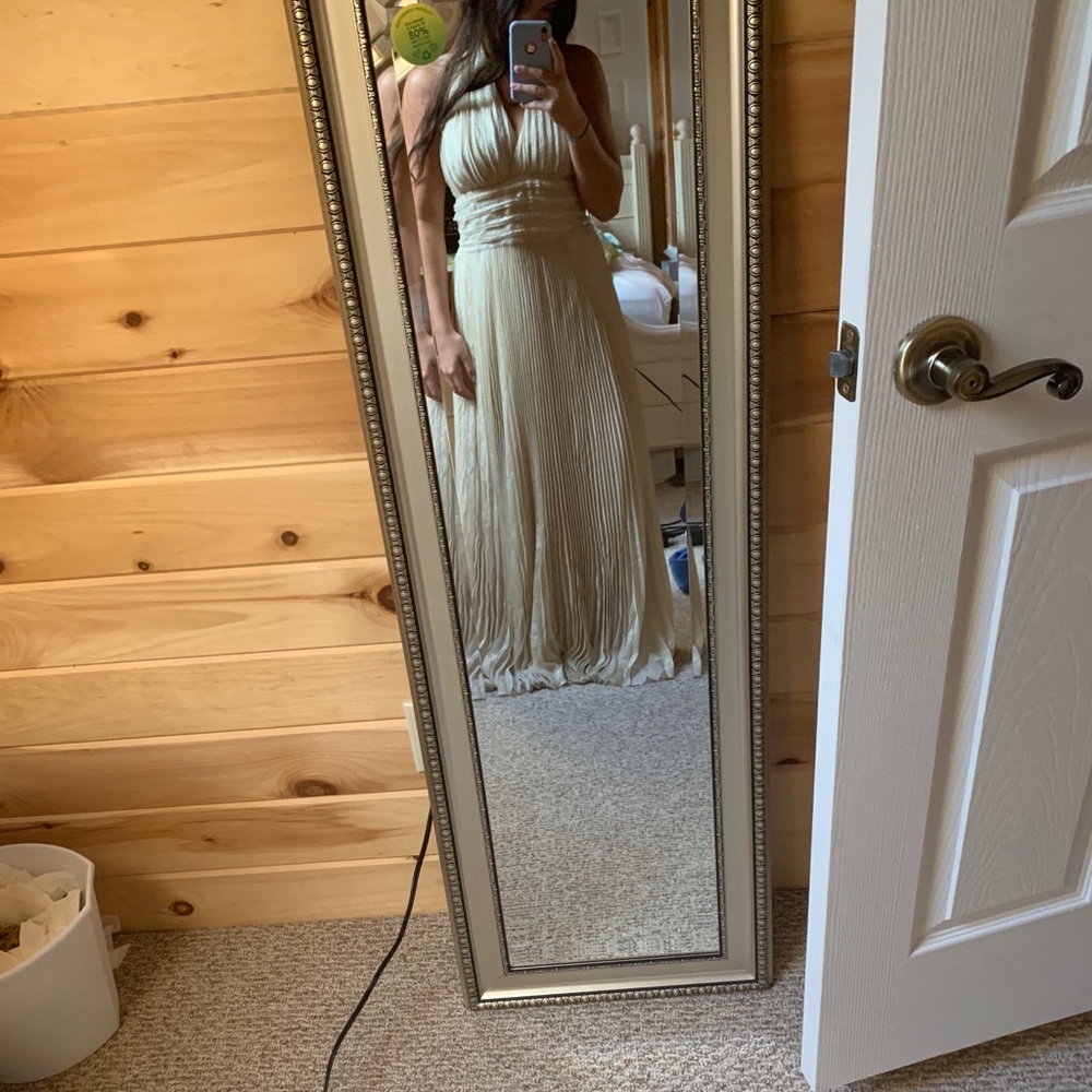 Carmen Marc Valvo long gold Roman gown